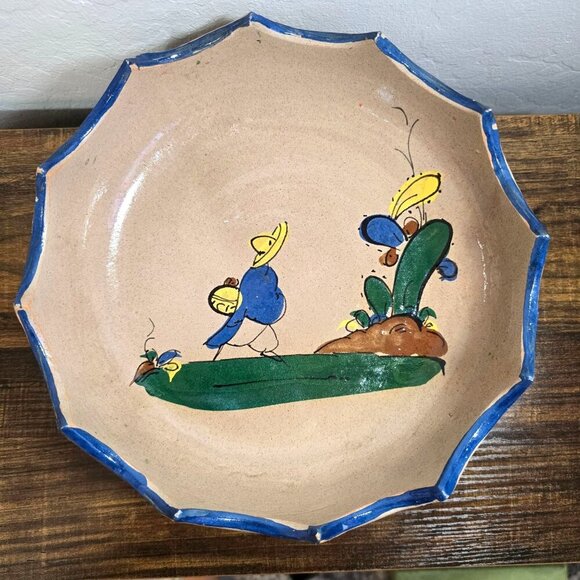 Handmade Mexican Tlaquepaque Ceramic Serving Bowl Painted Bird Cactus Design - Picture 1 of 12